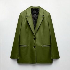 ZARA Olive Green Faux Leather Blazer Jacket